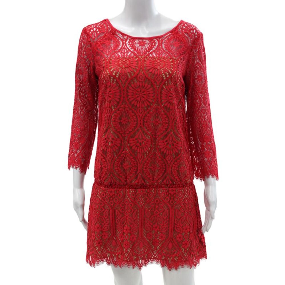 David Lerner Women Red Lace Floral Blouson Dress 3/4 Sleeve Round Neck Size S